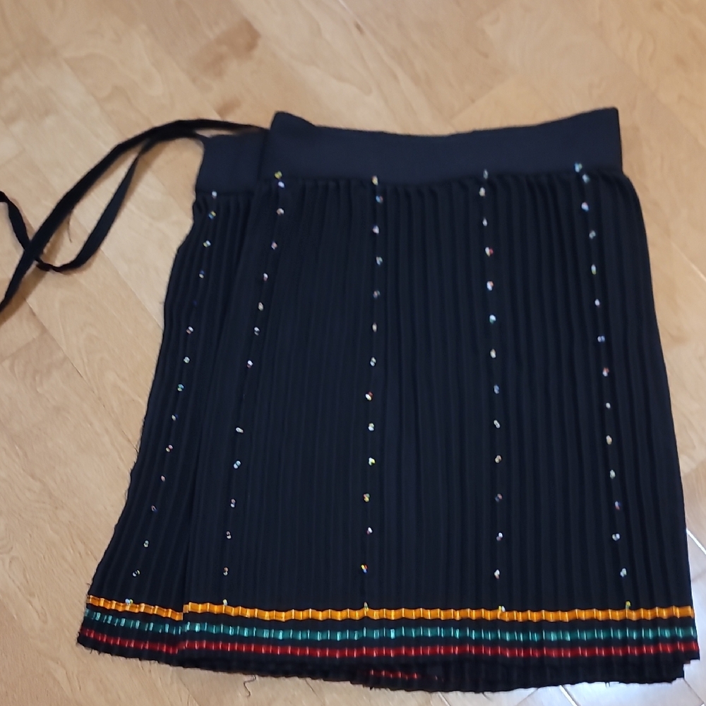 Handmade Black Pleated Skirt with Colorful Bead And Ribbon Accents